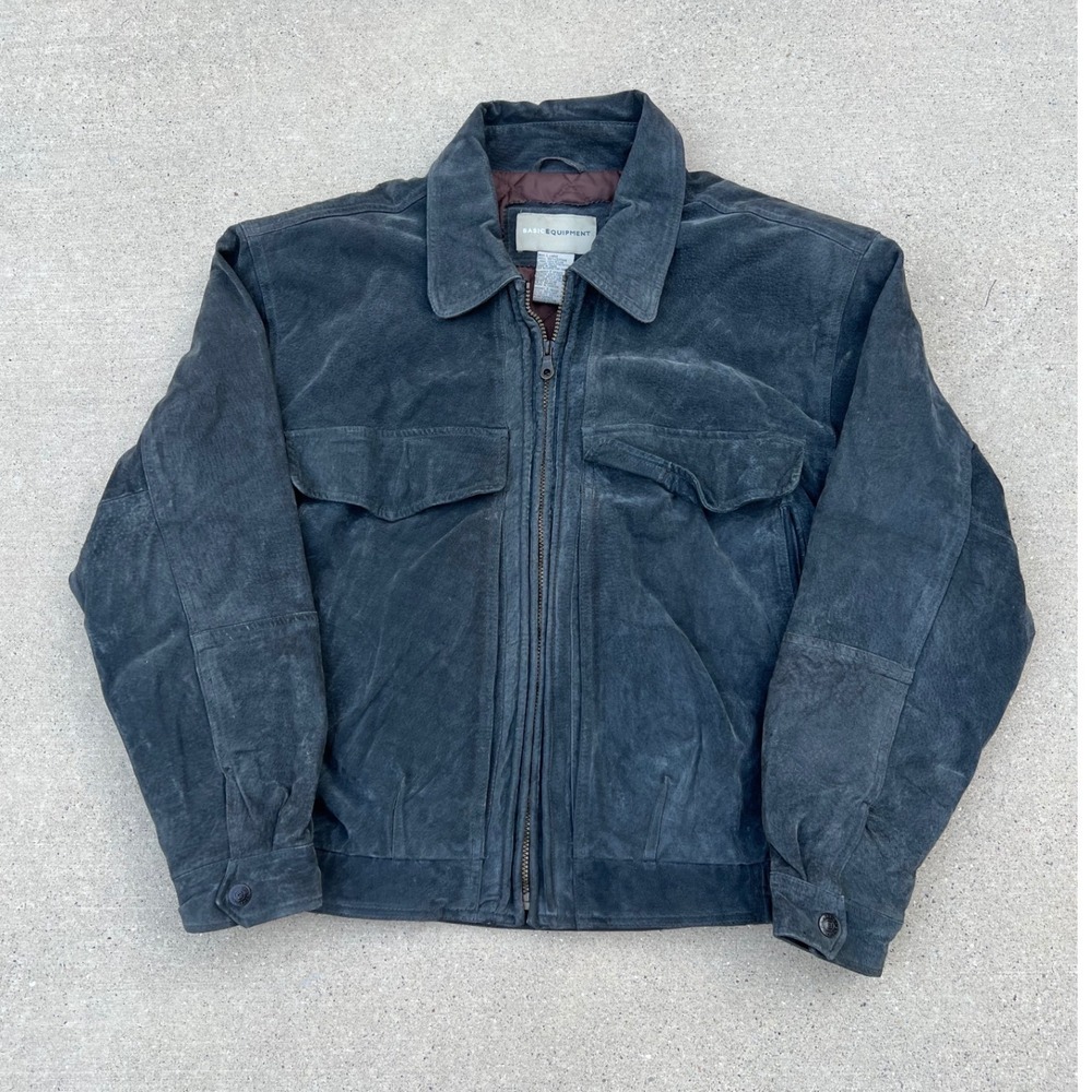 Basic Equipment Suede Bomber Jacket Mens Large Charcoal Grey Leather Zip Up